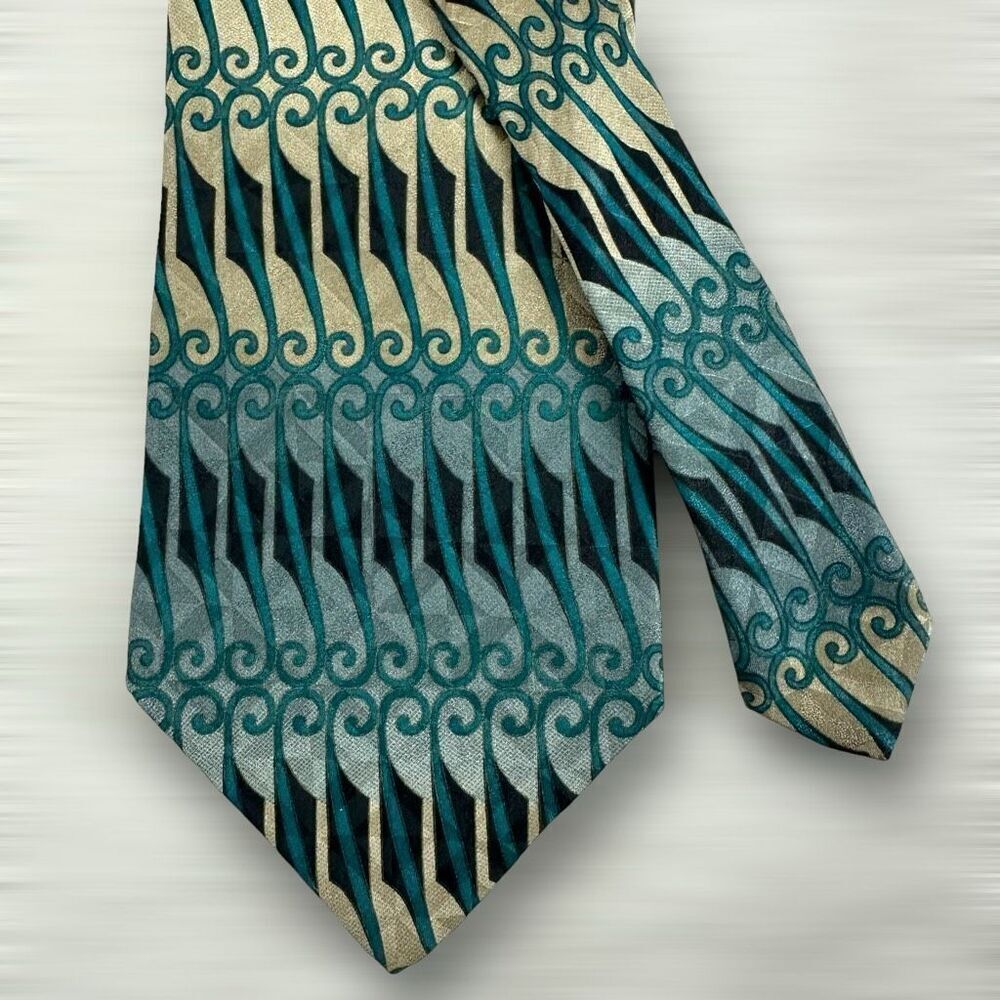 Valentine Pietro Men's XL 100% Silk Neck Tie Blue Green Retro Geometric Print‎